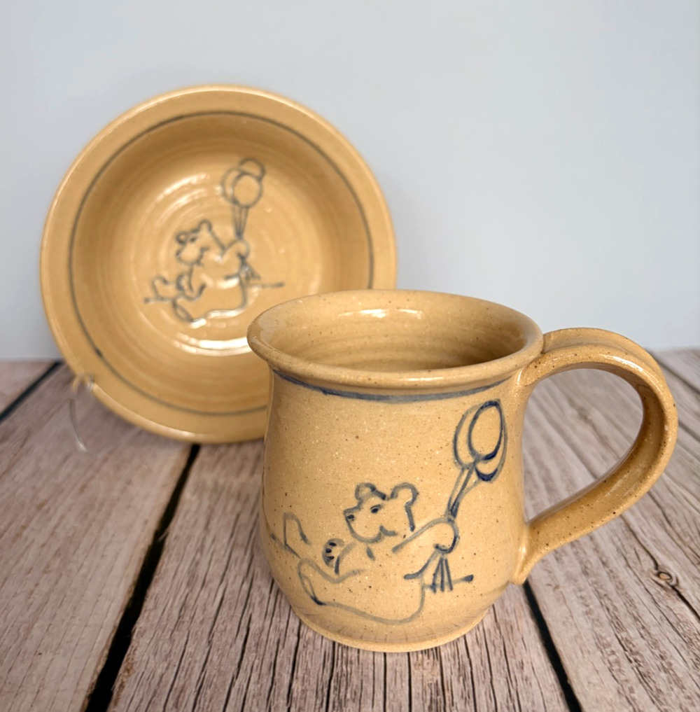 Studio Pottery Bear Mug & Plate Child’s Dish Set Winnie-the-Pooh Style Vintage
